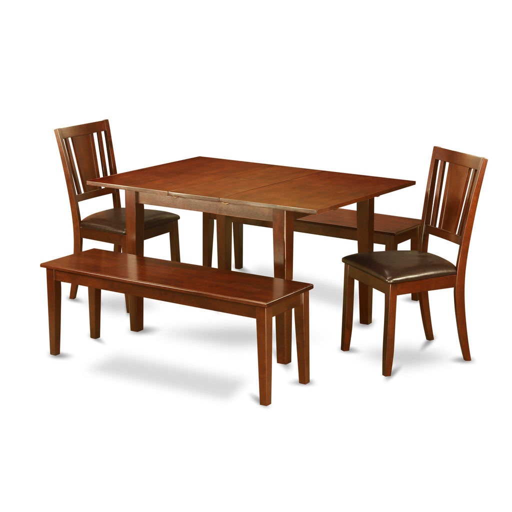 East West Furniture MLDU5D-MAH-LC 5 Piece Dining Room Set Includes a Rectangle Kitchen Table with Butterfly Leaf and 2 Faux Leather Dining Chairs with 2 Benches, 36x54 Inch, Mahogany