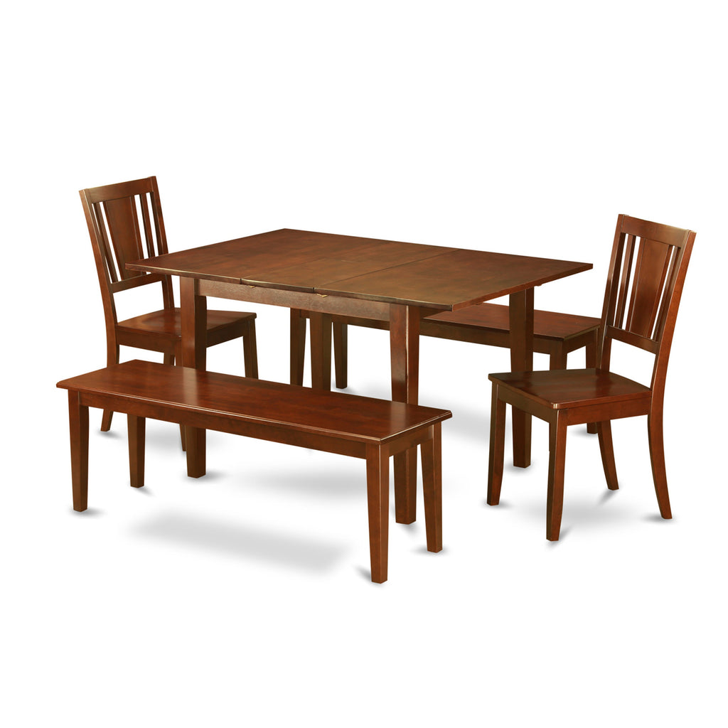 East West Furniture MLDU5D-MAH-W 5 Piece Dining Table Set for 4 Includes a Rectangle Kitchen Table with Butterfly Leaf and 2 Dining Chairs with 2 Benches, 36x54 Inch, Mahogany