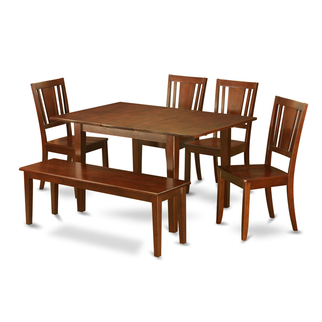 East West Furniture MLDU6D-MAH-W 6 Piece Kitchen Table & Chairs Set Contains a Rectangle Dining Room Table with Butterfly Leaf and 4 Dining Chairs with a Bench, 36x54 Inch, Mahogany
