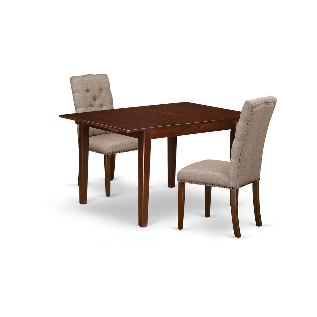 East West Furniture MLEL3-MAH-16 3 Piece Modern Dining Table Set Contains a Rectangle Wooden Table with Butterfly Leaf and 2 Dark Khaki Linen Fabric Parson Chairs, 36x54 Inch, Mahogany