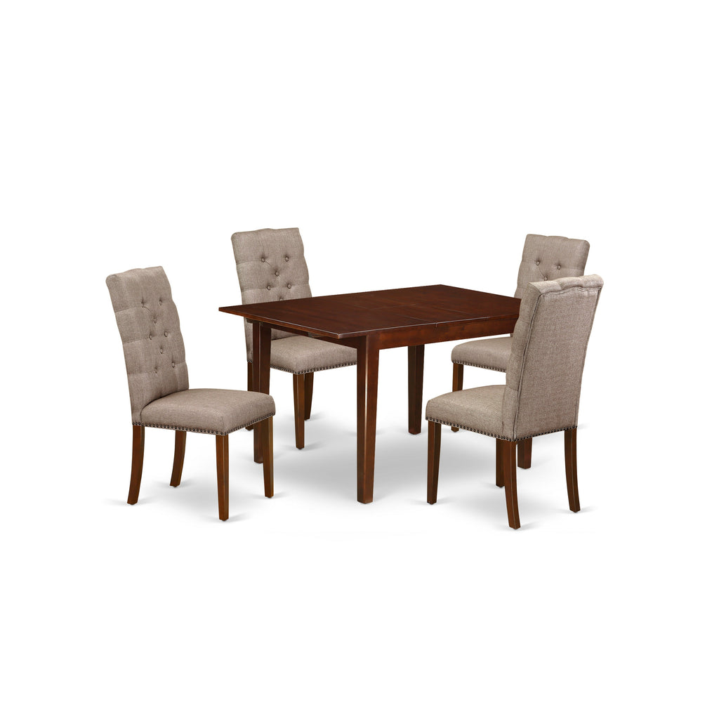East West Furniture MLEL5-MAH-16 5 Piece Modern Dining Table Set Includes a Rectangle Wooden Table with Butterfly Leaf and 4 Dark Khaki Linen Fabric Parson Chairs, 36x54 Inch, Mahogany