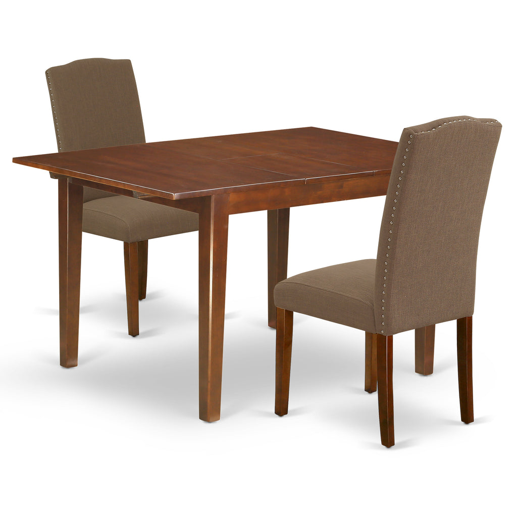East West Furniture MLEN3-MAH-18 3 Piece Dining Room Table Set Contains a Rectangle Kitchen Table with Butterfly Leaf and 2 Dark Coffee Linen Fabric Parson Chairs, 36x54 Inch, Mahogany