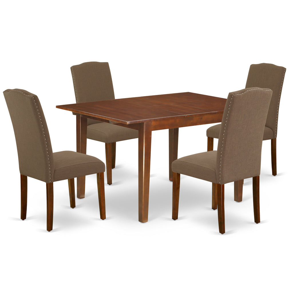 East West Furniture MLEN5-MAH-18 5 Piece Modern Dining Table Set Includes a Rectangle Wooden Table with Butterfly Leaf and 4 Dark Coffee Linen Fabric Parsons Chairs, 36x54 Inch, Mahogany