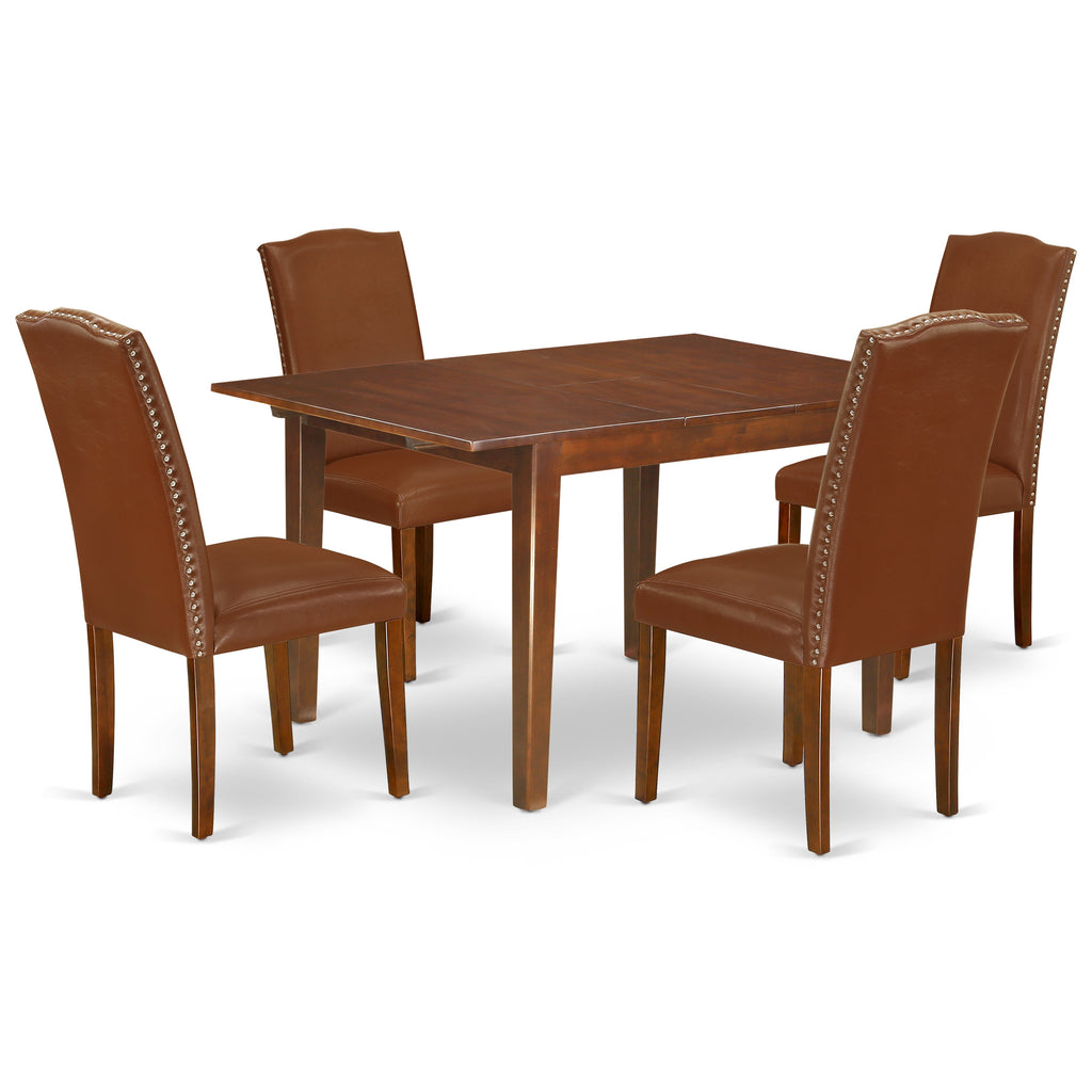 East West Furniture MLEN5-MAH-66 5 Piece Kitchen Table Set for 4 Includes a Rectangle Wooden Table with Butterfly Leaf and 4 Brown Faux Faux Leather Parsons Chairs, 36x54 Inch, Mahogany