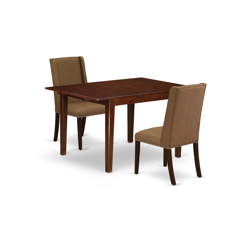 East West Furniture MLFL3-MAH-18 3 Piece Dining Table Set Contains a Rectangle Dinner Table with Butterfly Leaf and 2 Brown Linen Linen Fabric Upholstered Chairs, 36x54 Inch, Mahogany
