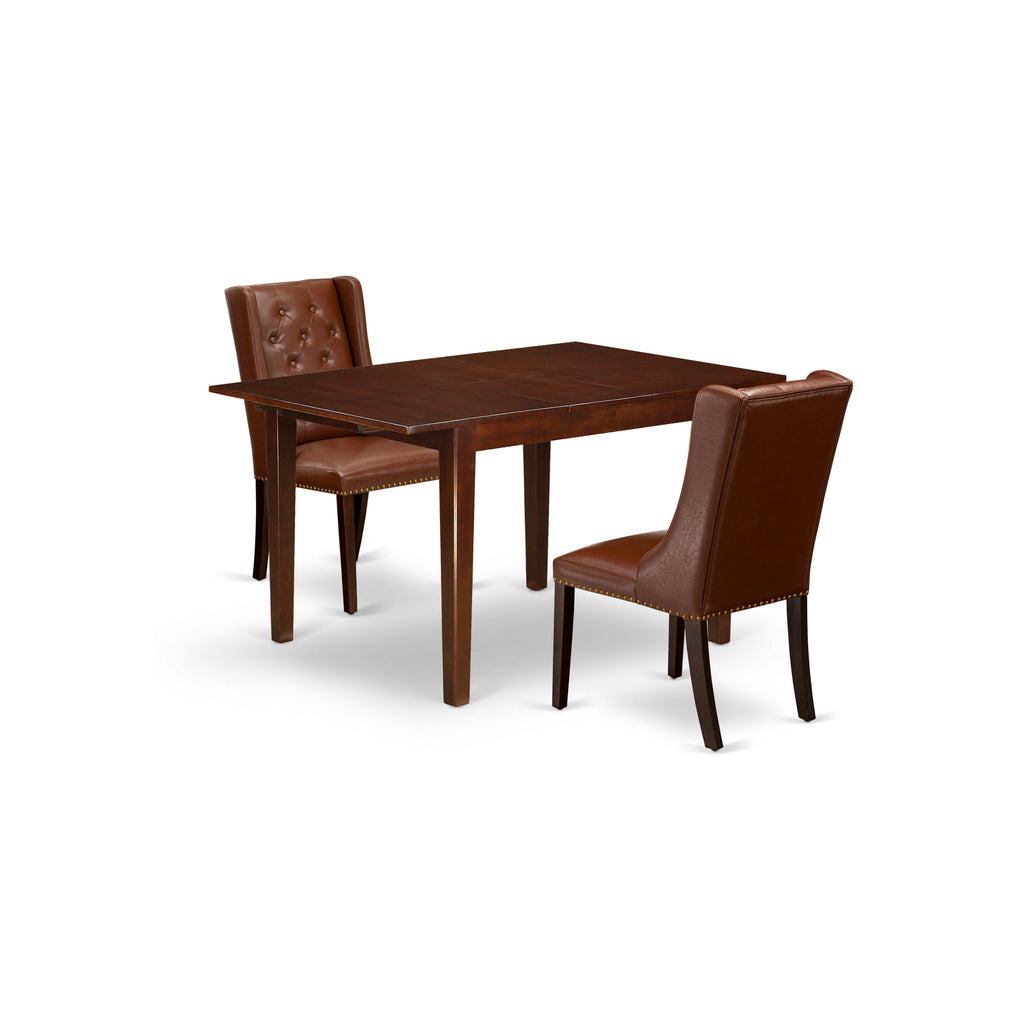 East West Furniture MLFO3-MAH-46 3 Piece Kitchen Table Set Contains a Rectangle Dining Room Table with Butterfly Leaf and 2 Brown Faux Faux Leather Parson Chairs, 36x54 Inch, Mahogany