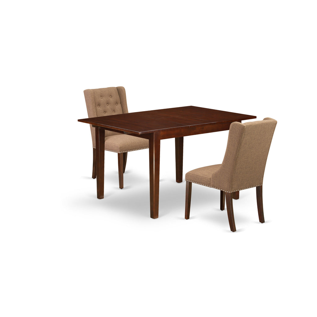 East West Furniture MLFO3-MAH-47 3 Piece Small Dinette Set Contains a Rectangle Butterfly Leaf Dining Table and 2 Light Sable Linen Fabric Upholstered Chairs, 36x54 Inch, Mahogany