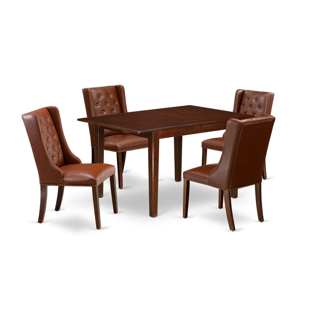 East West Furniture MLFO5-MAH-46 5 Piece Dining Room Table Set Includes a Rectangle Kitchen Table with Butterfly Leaf and 4 Brown Faux Faux Leather Parsons Chairs, 36x54 Inch, Mahogany