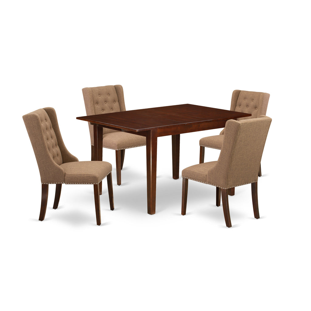 East West Furniture MLFO5-MAH-47 5 Piece Dinette Set Includes a Rectangle Dining Room Table with Butterfly Leaf and 4 Light Sable Linen Fabric Upholstered Chairs, 36x54 Inch, Mahogany