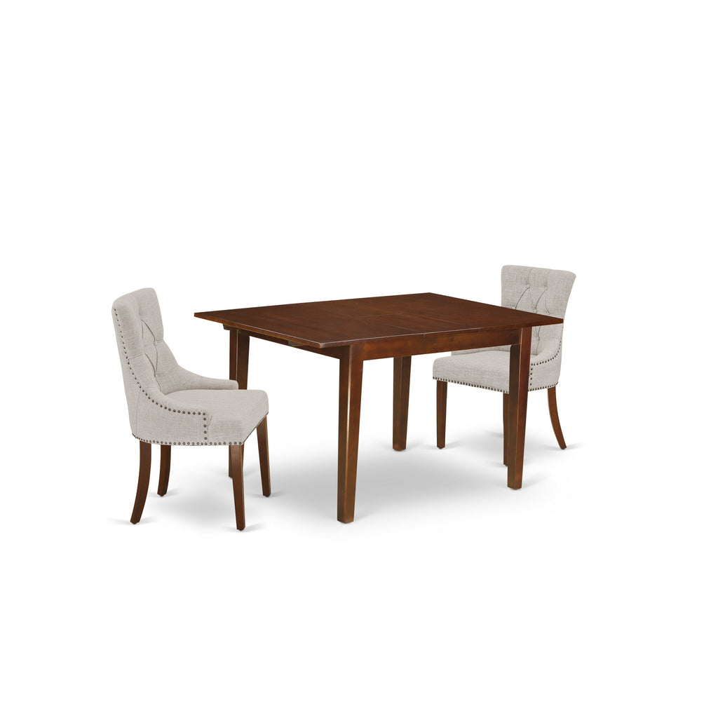 East West Furniture MLFR3-MAH-05 3 Piece Dining Table Set Contains a Rectangle Dining Room Table with Butterfly Leaf and 2 Doeskin Linen Fabric Parsons Chairs, 36x54 Inch, Mahogany