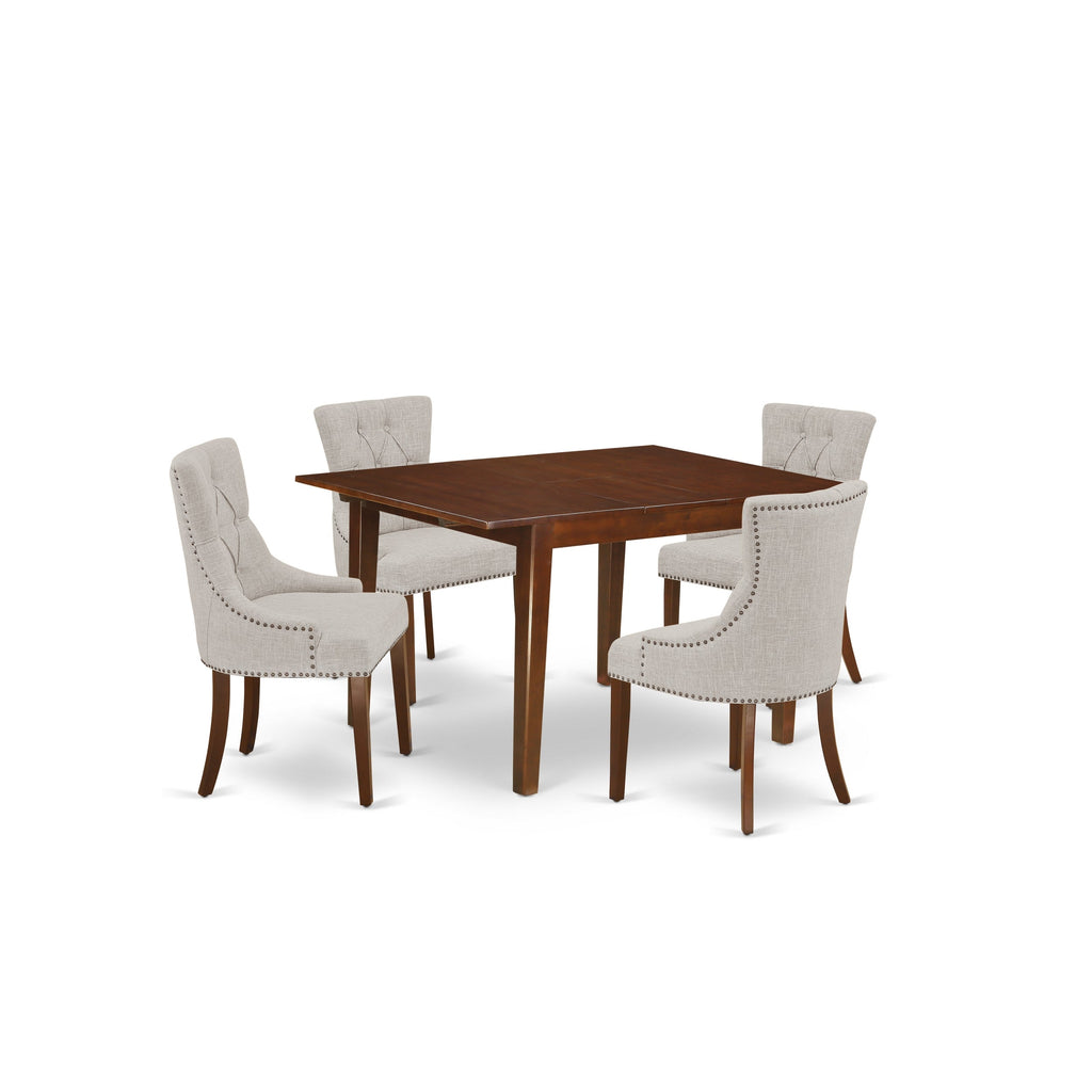 East West Furniture MLFR5-MAH-05 5 Piece Dining Table Set for 4 Includes a Rectangle Kitchen Table with Butterfly Leaf and 4 Doeskin Linen Fabric Parsons Chairs, 36x54 Inch, Mahogany