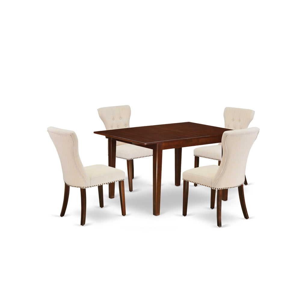 East West Furniture MLGA5-MAH-32 5 Piece Modern Dining Table Set Includes a Rectangle Wooden Table with Butterfly Leaf and 4 Light Beige Linen Fabric Parson Chairs, 36x54 Inch, Mahogany