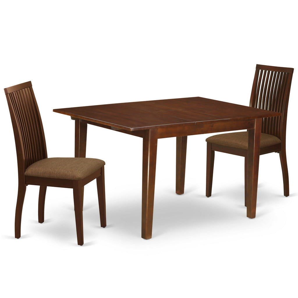 East West Furniture MLIP3-MAH-C 3 Piece Dining Table Set Contains a Rectangle Dining Room Table with Butterfly Leaf and 2 Linen Fabric Upholstered Chairs, 36x54 Inch, Mahogany