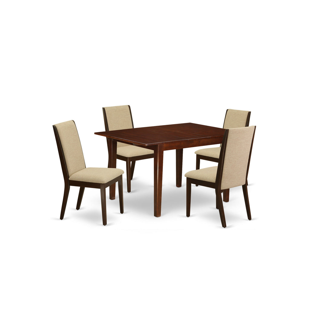 East West Furniture MLLA5-MAH-04 5 Piece Kitchen Table Set for 4 Includes a Rectangle Butterfly Leaf Dining Table and 4 Light Tan Linen Fabric Upholstered Chairs, 36x54 Inch, Mahogany
