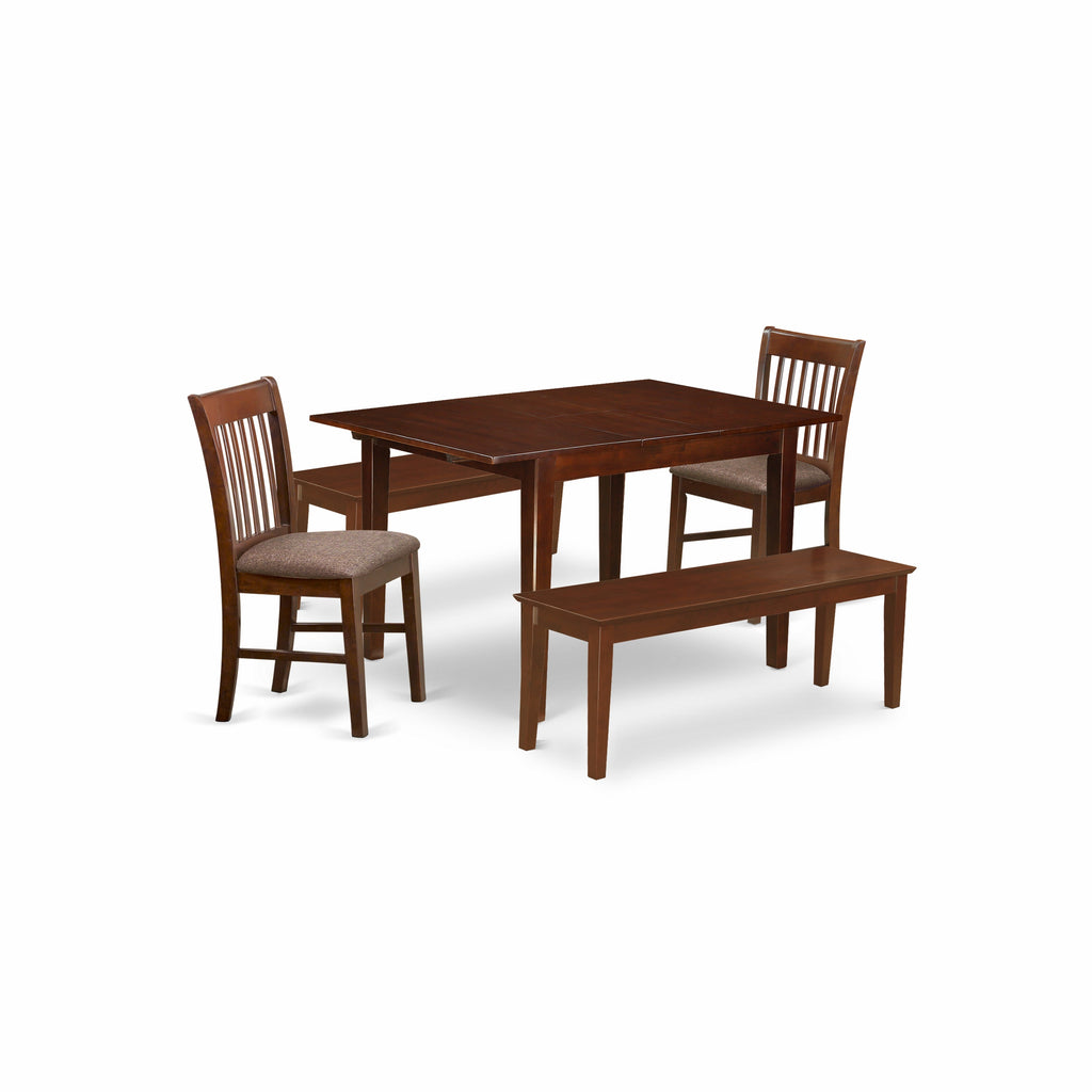 East West Furniture MLNO5C-MAH-C 5 Piece Dining Set Includes a Rectangle Dining Room Table with Butterfly Leaf and 2 Linen Fabric Kitchen Chairs with 2 Benches, 36x54 Inch, Mahogany