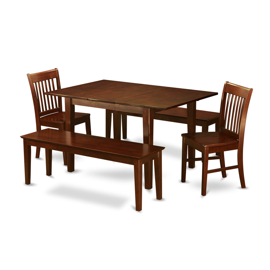 East West Furniture MLNO5C-MAH-W 5 Piece Dining Room Table Set Includes a Rectangle Kitchen Table with Butterfly Leaf and 2 Dining Chairs with 2 Benches, 36x54 Inch, Mahogany