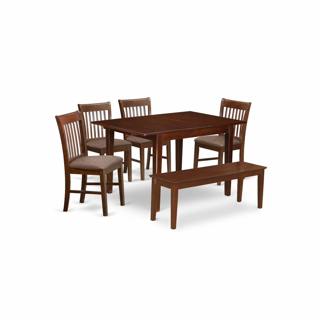 East West Furniture MLNO6C-MAH-C 6 Piece Dining Room Table Set Contains a Rectangle Kitchen Table with Butterfly Leaf and 4 Linen Fabric Dining Chairs with a Bench, 36x54 Inch, Mahogany