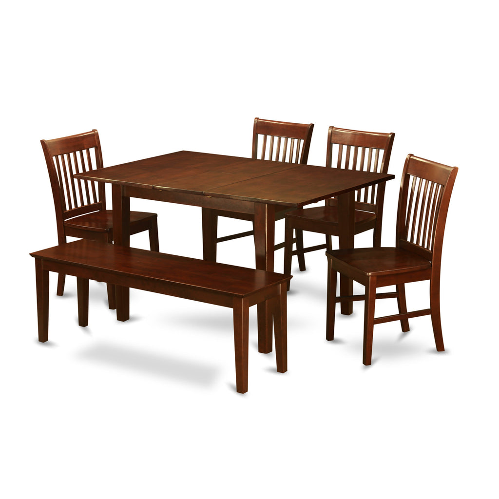 East West Furniture MLNO6C-MAH-W 6 Piece Kitchen Table & Chairs Set Contains a Rectangle Dining Room Table with Butterfly Leaf and 4 Dining Chairs with a Bench, 36x54 Inch, Mahogany