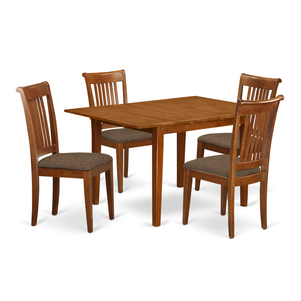 East West Furniture MLPO5-SBR-C 5 Piece Dining Set Includes a Rectangle Dining Table with Butterfly Leaf and 4 Linen Fabric Kitchen Room Chairs, 36x54 Inch, Saddle Brown