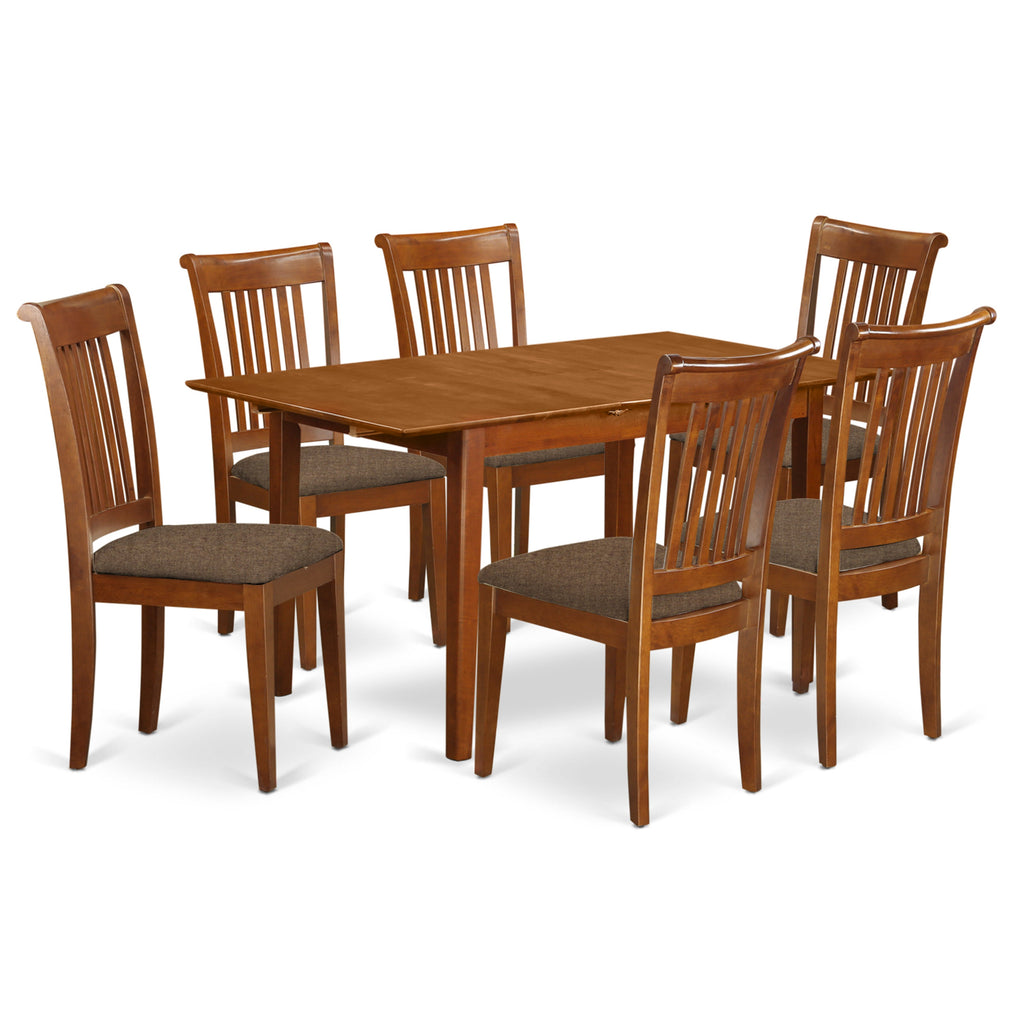 East West Furniture MLPO7-SBR-C 7 Piece Dinette Set Consist of a Rectangle Dining Room Table with Butterfly Leaf and 6 Linen Fabric Upholstered Dining Chairs, 36x54 Inch, Saddle Brown
