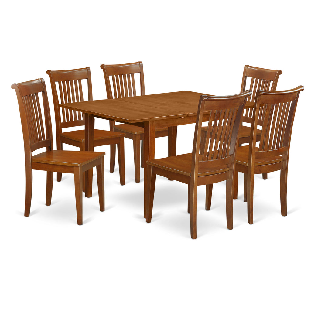 East West Furniture MLPO7-SBR-W 7 Piece Dining Table Set Consist of a Rectangle Dining Room Table with Butterfly Leaf and 6 Wooden Seat Chairs, 36x54 Inch, Saddle Brown