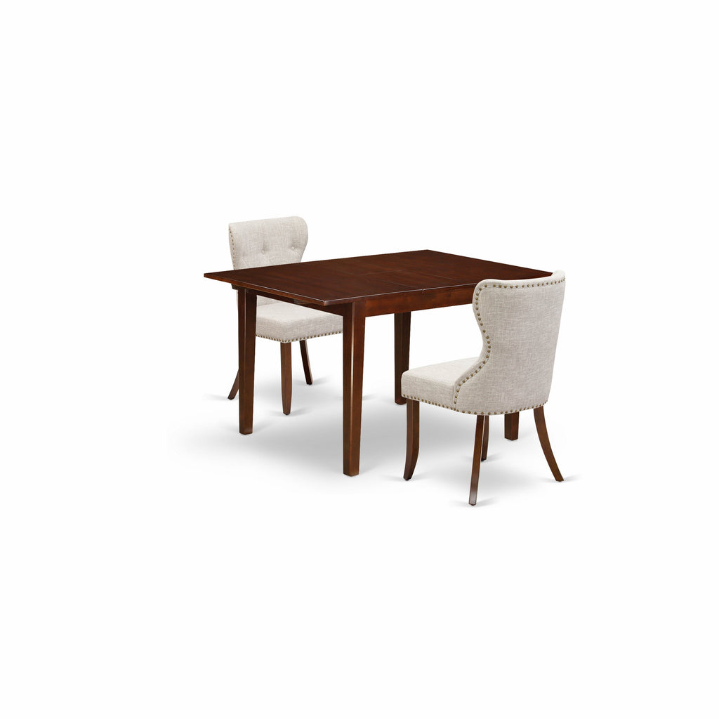 East West Furniture MLSI3-MAH-35 3 Piece Kitchen Table & Chairs Set Contains a Rectangle Wooden Table with Butterfly Leaf and 2 Doeskin Linen Fabric Parsons Chairs, 36x54 Inch, Mahogany