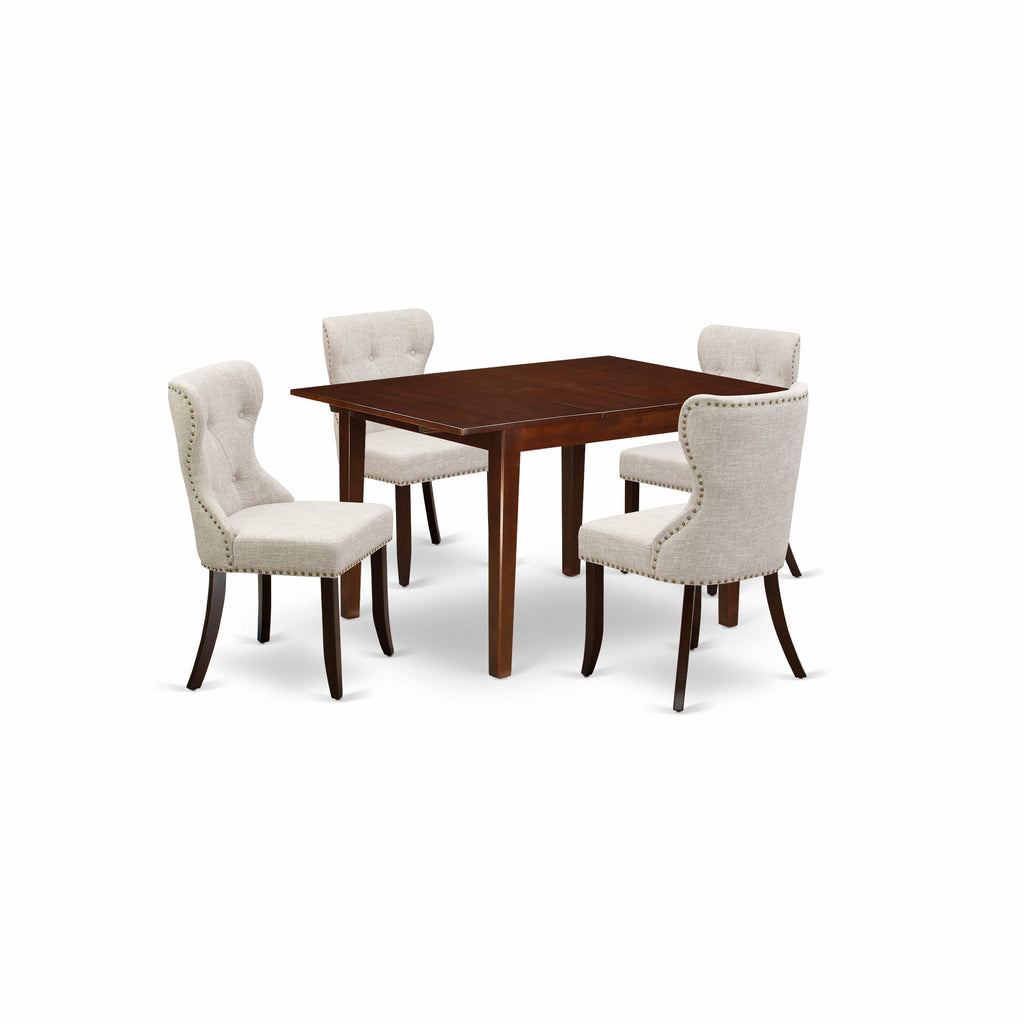 East West Furniture MLSI5-MAH-35 5 Piece Dining Table Set Includes a Rectangle Kitchen Table with Butterfly Leaf and 4 Doeskin Linen Fabric Upholstered Chairs, 36x54 Inch, Mahogany