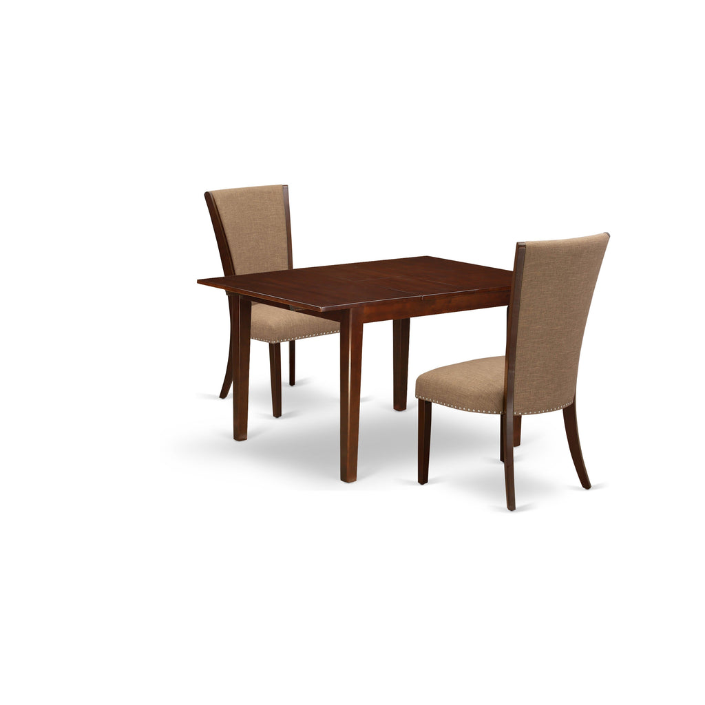 East West Furniture MLVE3-MAH-47 3 Piece Dining Table Set Contains a Rectangle Wooden Table with Butterfly Leaf and 2 Light Sable Linen Fabric Upholstered Chairs, 36x54 Inch, Mahogany