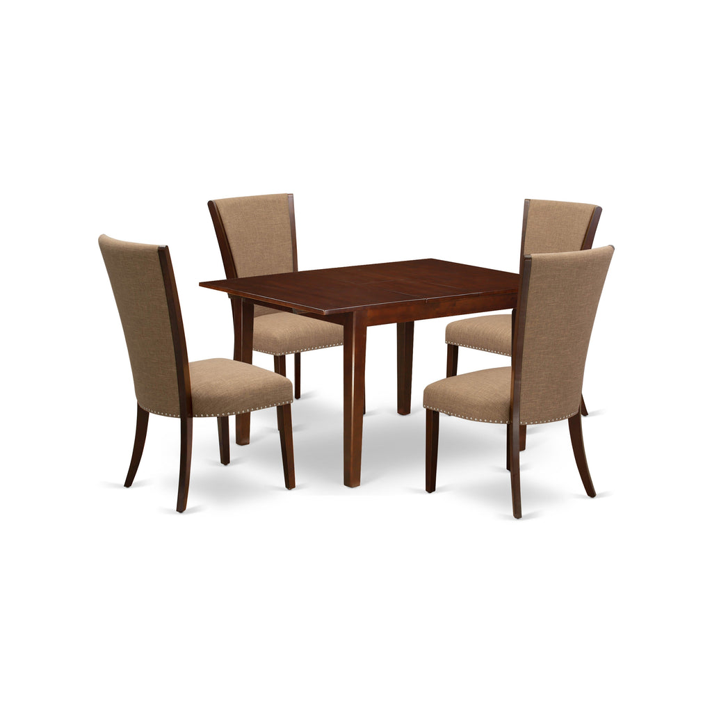 East West Furniture MLVE5-MAH-47 5 Piece Dining Room Set Includes a Rectangle Wooden Table with Butterfly Leaf and 4 Light Sable Linen Fabric Parsons Dining Chairs, 36x54 Inch, Mahogany