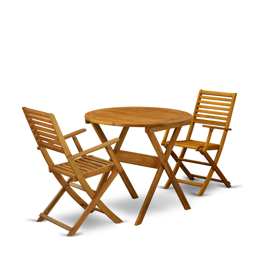 East West Furniture MNBS3CANA 3 Piece Outdoor Conversation Bistro Set Contains a Round Acacia Wood Coffee Table and 2 Folding Arm Chairs, 30x30 Inch, Natural Oil