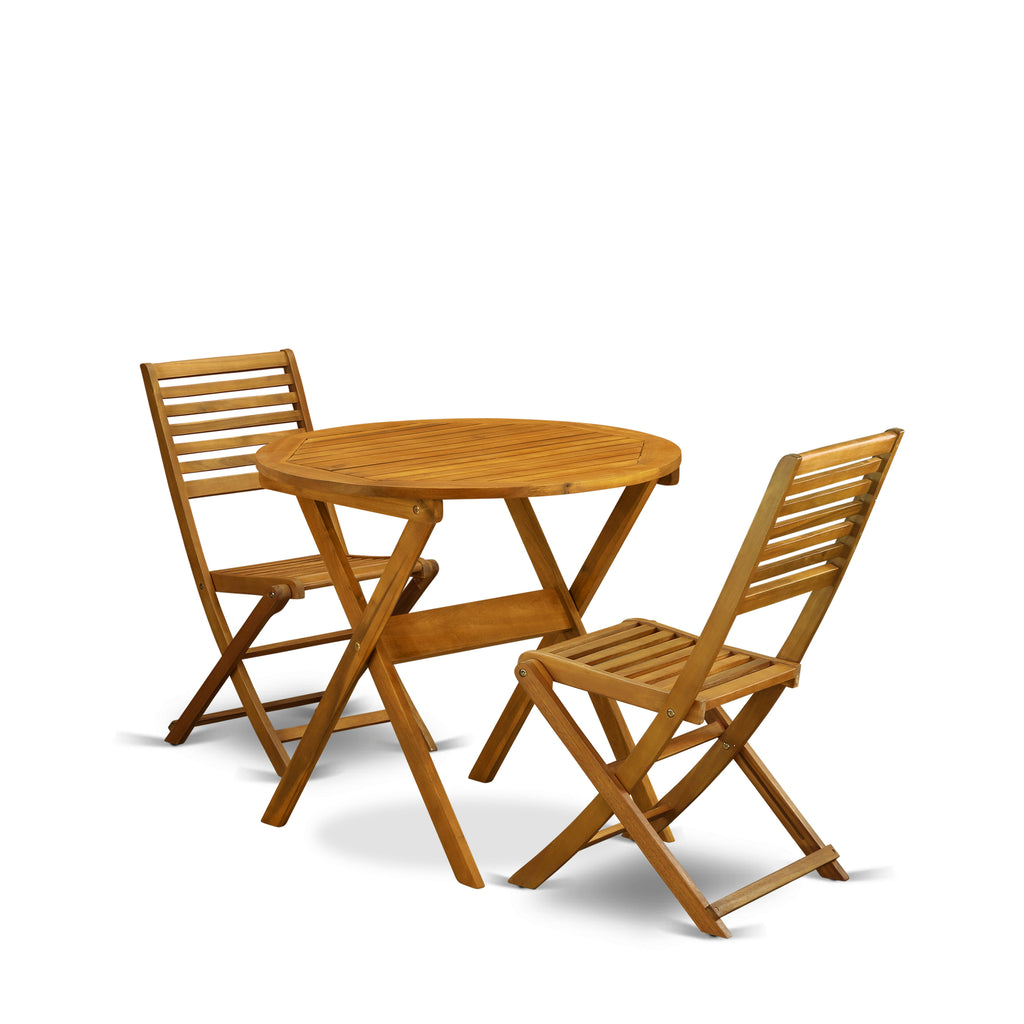 East West Furniture MNBS3CWNA 3 Piece Outdoor Conversation Bistro Set Contains a Round Acacia Wood Coffee Table and 2 Folding Side Chairs, 30x30 Inch, Natural Oil