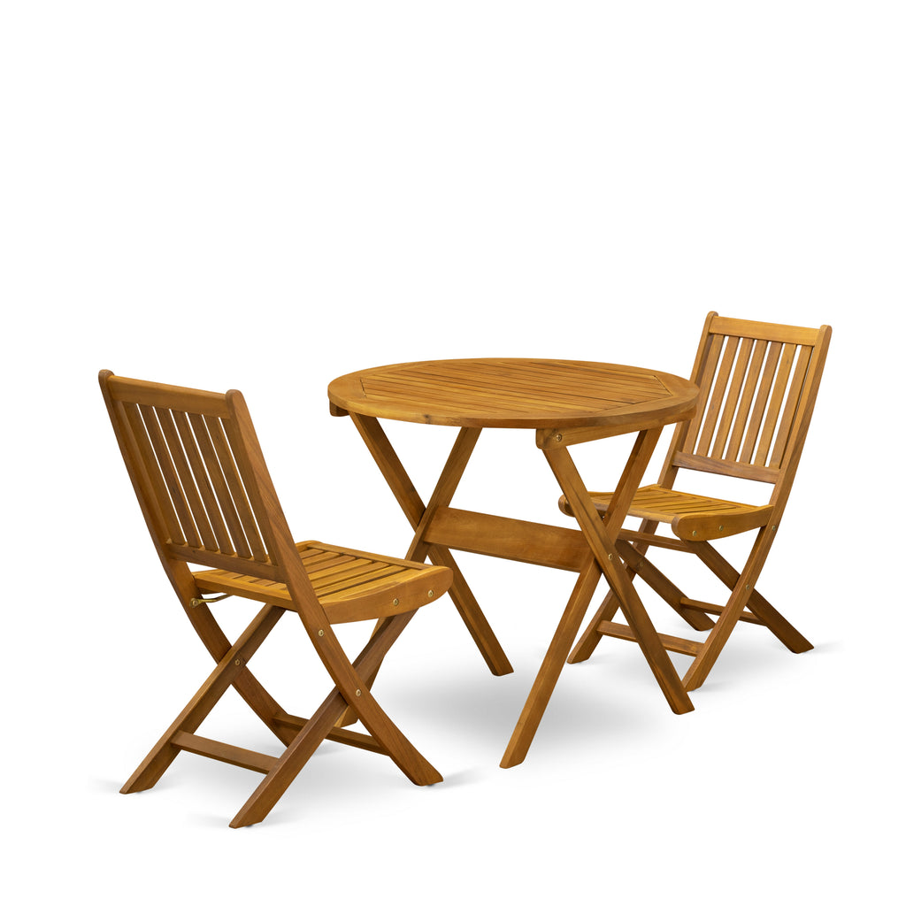 East West Furniture MNDK3CWNA 3 Piece Patio Bistro Sets Wood Folding Table Set Contains a Round Outdoor Acacia Wood Coffee Table and 2 Folding Side Chairs, 30x30 Inch, Natural Oil