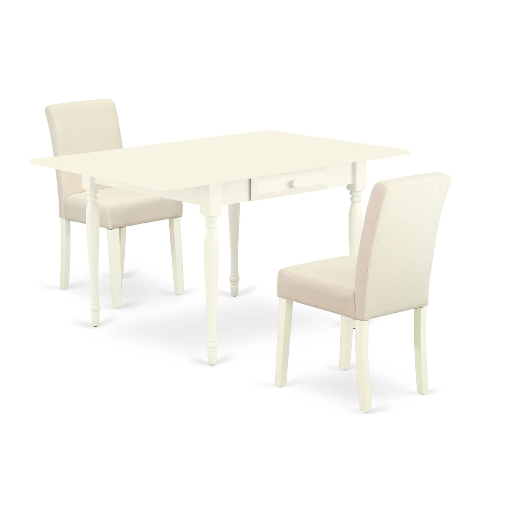 East West Furniture 1MZAB3-LWH-02 3 Piece Dining Table Set Contains a Rectangle Dining Room Table with Dropleaf and 2 Light Beige Linen Fabric Upholstered Chairs, 36x54 Inch, Linen White