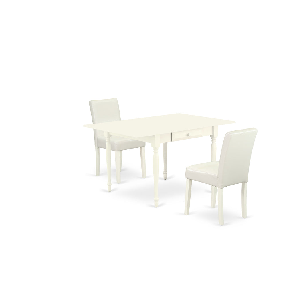 East West Furniture 1MZAB3-LWH-64 3 Piece Dining Table Set Contains a Rectangle Dining Room Table with Dropleaf and 2 White Faux Leather Upholstered Chairs, 36x54 Inch, Linen White