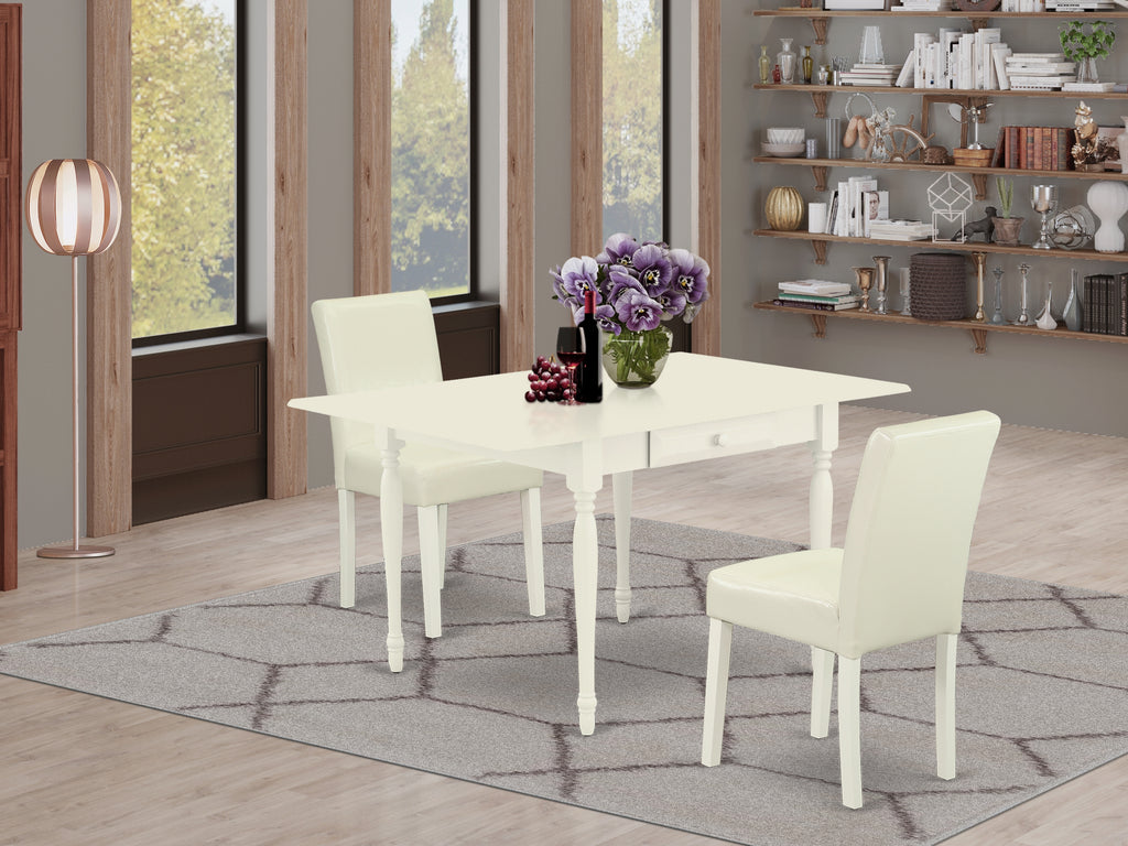 East West Furniture 1MZAB3-LWH-64 3 Piece Dining Table Set Contains a Rectangle Dining Room Table with Dropleaf and 2 White Faux Leather Upholstered Chairs, 36x54 Inch, Linen White