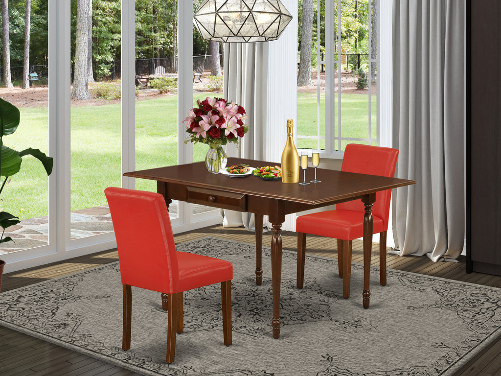 East West Furniture 1MZAB3-MAH-72 3 Piece Dining Table Set Contains a Rectangle Dining Room Table with Dropleaf and 2 Firebrick Red Faux Leather Upholstered Chairs, 36x54 Inch, Mahogany