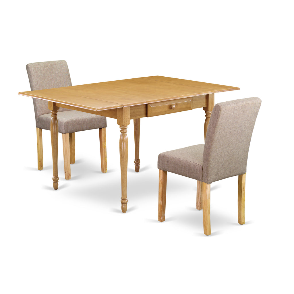 East West Furniture 1MZAB3-OAK-04 3 Piece Dining Table Set Contains a Rectangle Kitchen Table with Dropleaf and 2 Light Tan Linen Fabric Upholstered Chairs, 36x54 Inch, Oak