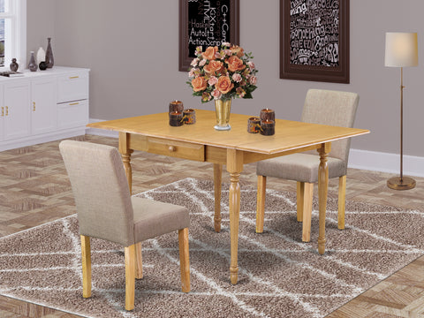 East West Furniture 1MZAB3-OAK-04 3 Piece Dining Table Set Contains a Rectangle Kitchen Table with Dropleaf and 2 Light Tan Linen Fabric Upholstered Chairs, 36x54 Inch, Oak