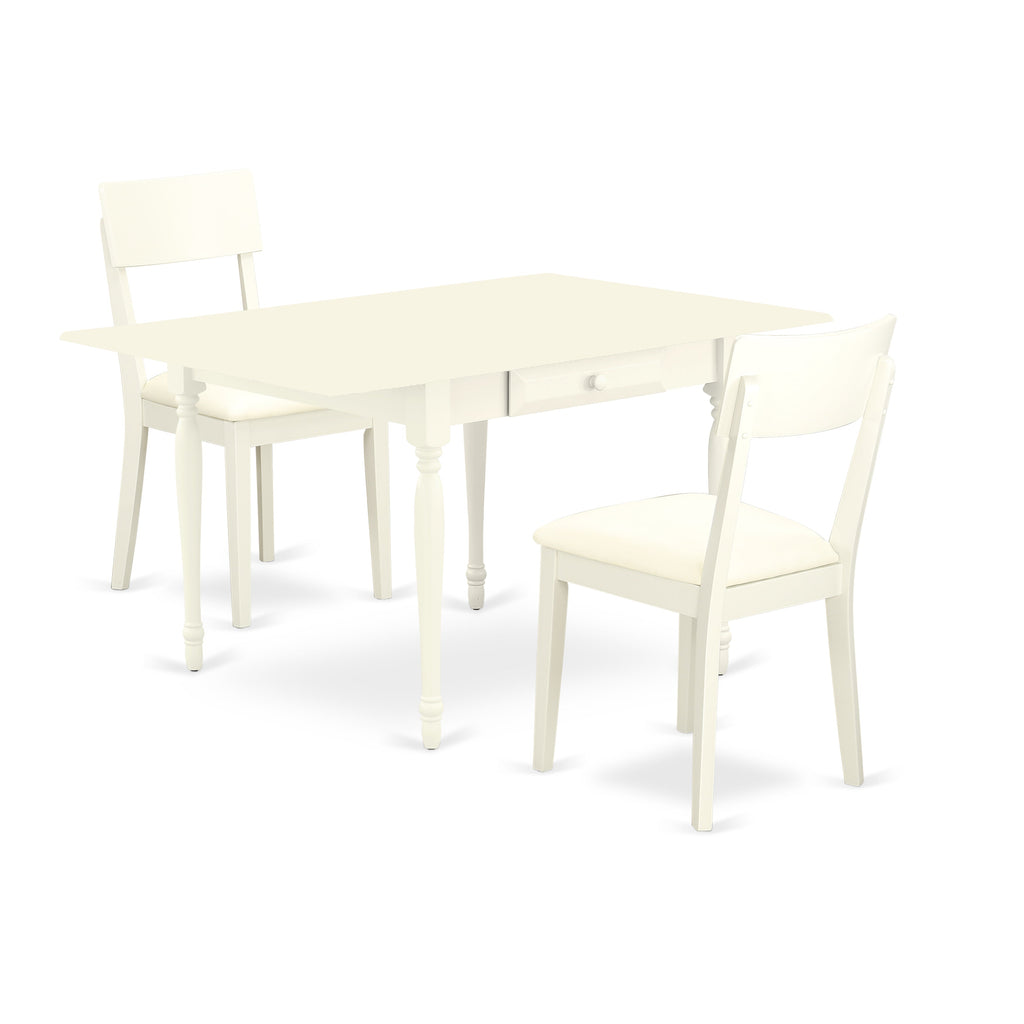 East West Furniture MZAD3-LWH-LC 3 Piece Kitchen Table Set for Small Spaces Contains a Rectangle Dining Table with Dropleaf and 2 Faux Leather Upholstered Chairs, 36x54 Inch, Linen White