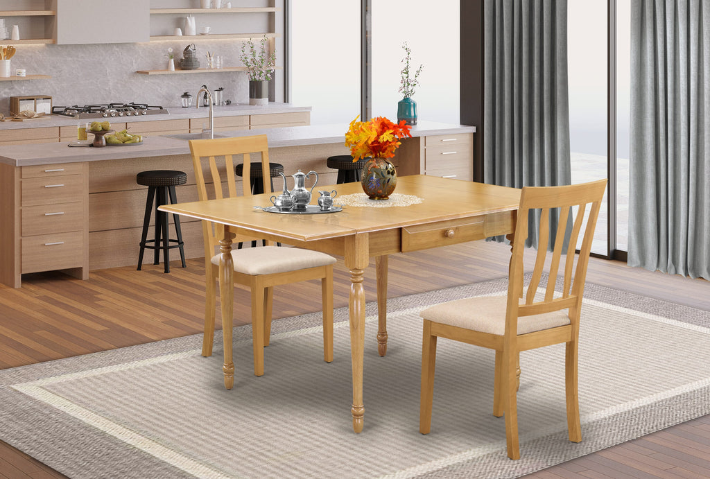 East West Furniture MZAN3-OAK-C 3 Piece Dining Room Table Set Contains a Rectangle Kitchen Table with Dropleaf and 2 Linen Fabric Upholstered Dining Chairs, 36x54 Inch, Oak