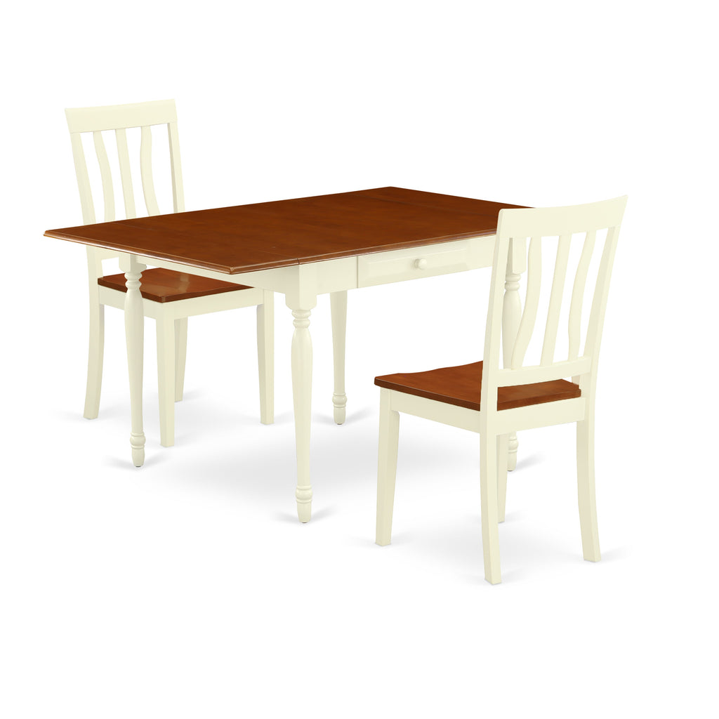 East West Furniture MZAN3-WHI-W 3 Piece Kitchen Table & Chairs Set Contains a Rectangle Dining Table with Dropleaf and 2 Dining Room Chairs, 36x54 Inch, Buttermilk & Cherry