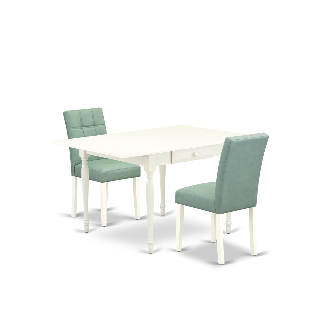 East West Furniture MZAS3-LWH-43 3 Piece Table Set Includes A Wooden Kitchen Table and 2 Willow Green Faux Leather Padded Chairs, Linen White