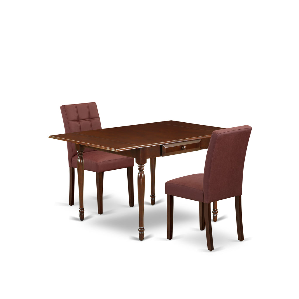 East West Furniture MZAS3-MAH-26 3 Piece Kitchen Dining Table Set contain A Wooden Dining Table and 2 Burgundy Faux Leather Mid Century Chairs, Mahogany