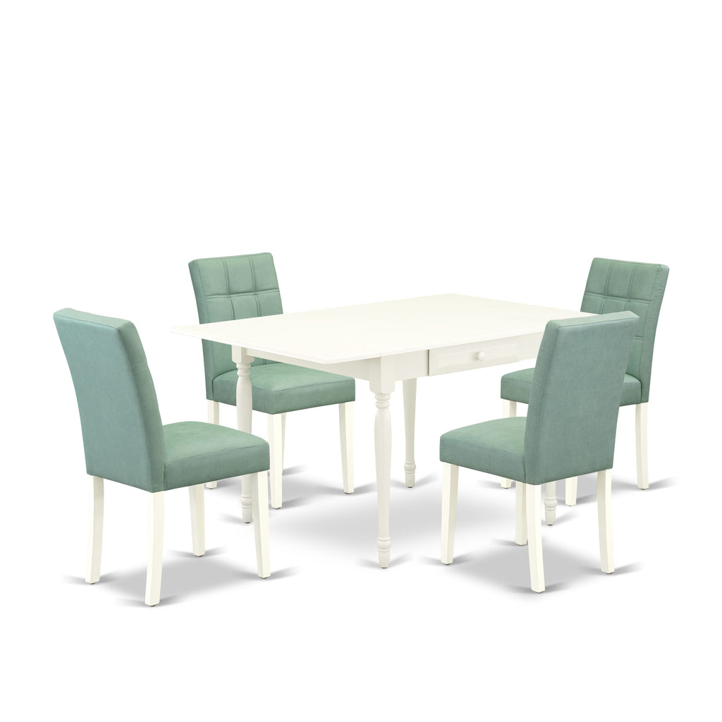 East West Furniture MZAS5-LWH-43 5 Piece Modern Dining Table Set contain A Dining Table and 4 Willow Green Faux Leather Upholstered Chairs, Linen White