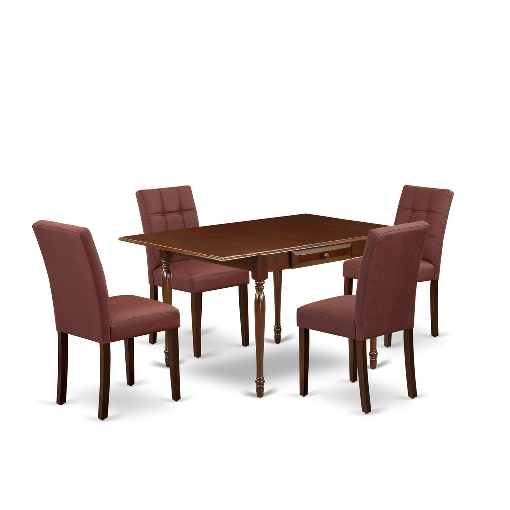 East West Furniture MZAS5-MAH-26 5 Piece Mid Century Modern Dining Table Set consists A Modern Table and 4 Burgundy Faux Leather Modern Dining Chairs, Mahogany
