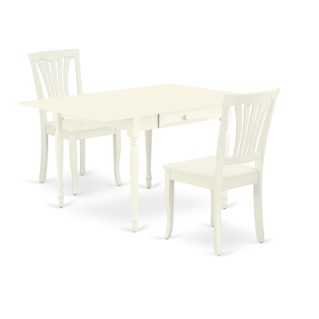 East West Furniture MZAV3-LWH-W 3 Piece Dinette Set for Small Spaces Contains a Rectangle Dining Table with Dropleaf and 2 Dining Chairs, 36x54 Inch, Linen White