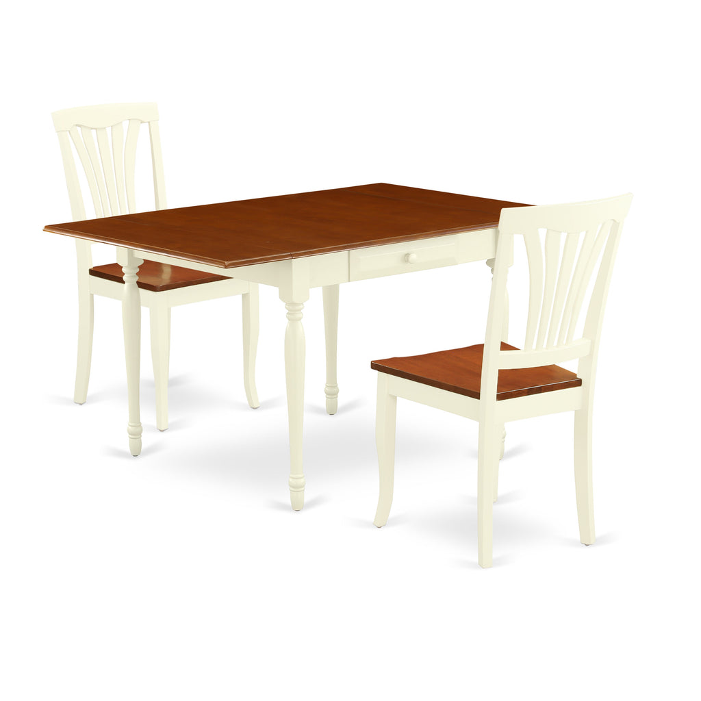East West Furniture MZAV3-WHI-W 3 Piece Dining Table Set for Small Spaces Contains a Rectangle Dining Room Table with Dropleaf and 2 Wood Seat Chairs, 36x54 Inch, Buttermilk & Cherry