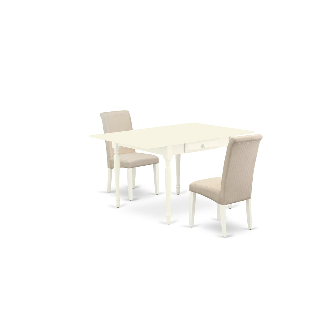 East West Furniture MZBA3-LWH-01 3 Piece Dining Room Table Set Contains a Rectangle Kitchen Table with Dropleaf and 2 Cream Linen Fabric Parson Dining Chairs, 36x54 Inch, Linen White