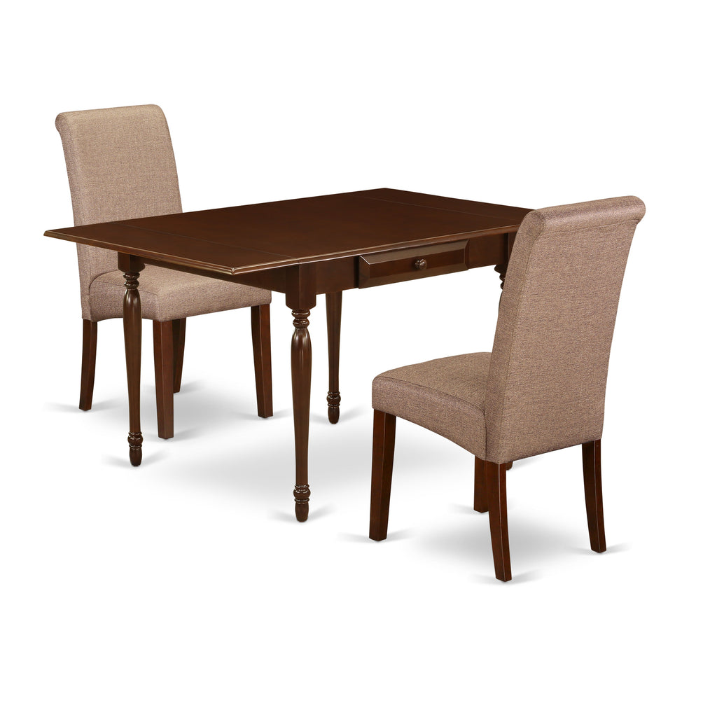 East West Furniture MZBA3-MAH-18 3 Piece Dining Set Contains a Rectangle Dining Room Table with Dropleaf and 2 Brown Linen Linen Fabric Upholstered Parson Chairs, 36x54 Inch, Mahogany
