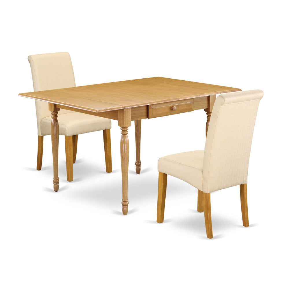 East West Furniture MZBA3-OAK-02 3 Piece Kitchen Table & Chairs Set Contains a Rectangle Dining Table with Dropleaf and 2 Light Beige Linen Fabric Parsons Chairs, 36x54 Inch, Oak